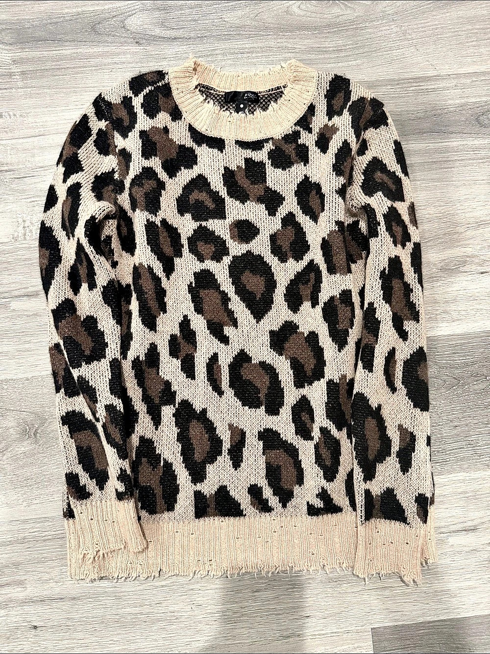 Aqua Cashmere Leopard Print Distressed Cashmere Sweater